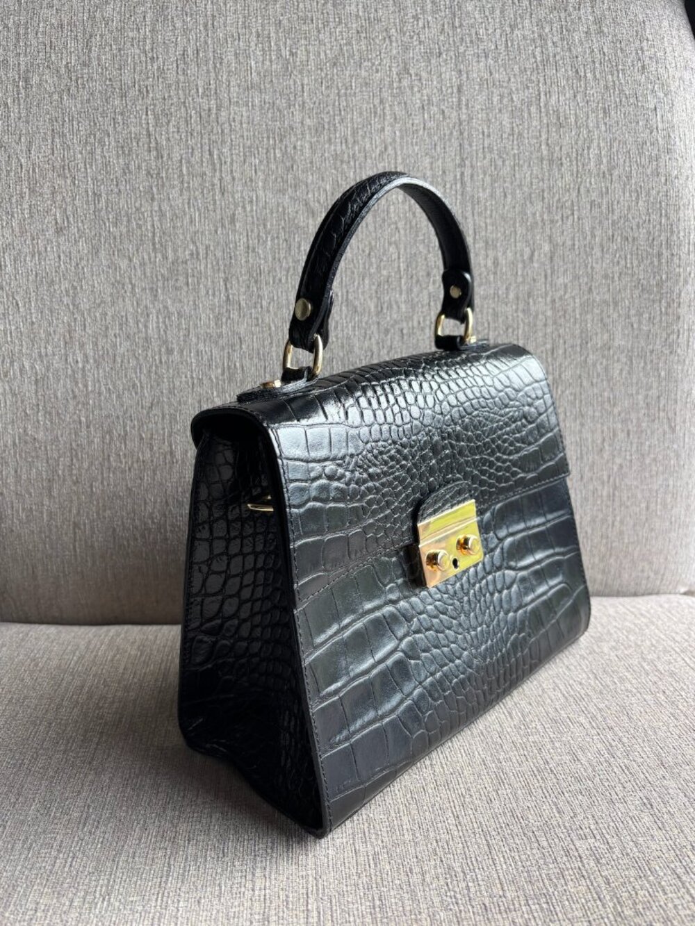 Classic Black Genuine Italian Leather Croc Top Handle Bag - Picture 4 of 11
